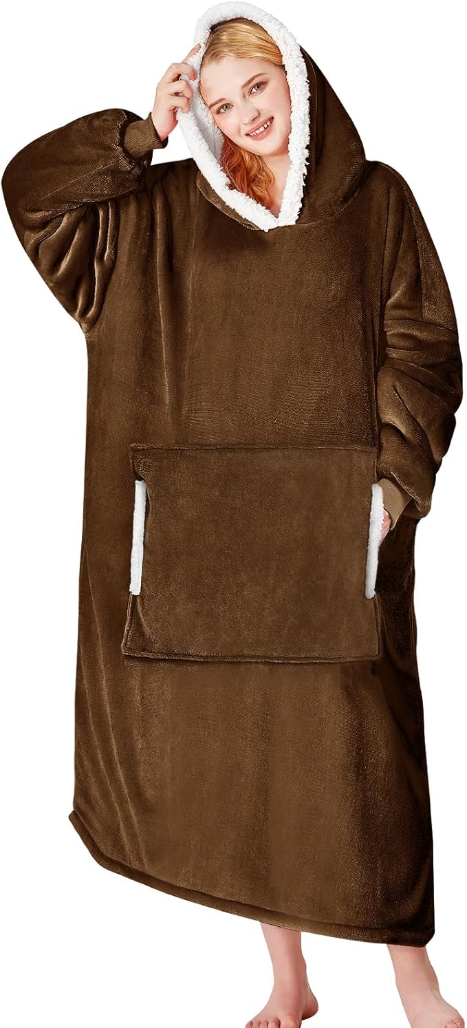 yescool Wearable Blanket Hoodie, Flannel Sherpa Fleece Blanket Sweatshirt for Adults Women Men,One Size Fits All