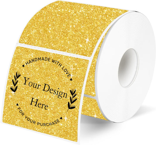 Square Thermal Labels Stickers 2" x 2", Holographic Thermal Stickers Labels, Waterproof Glitter Direct Thermal Printer Label for Small Business- Holographic Gold