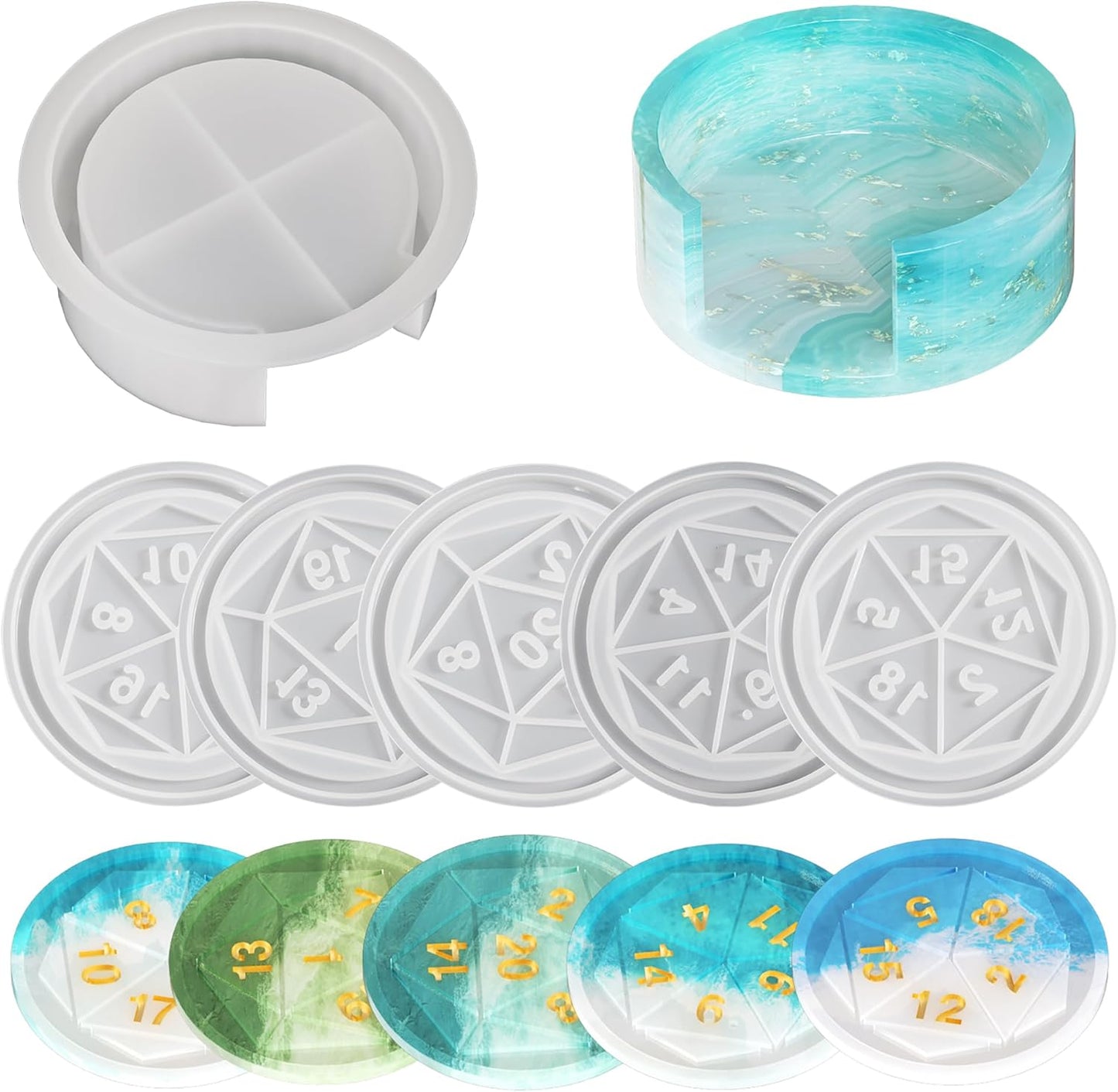 6 Pack Dice Tray Mold + Coaster Mold Holder Mold Resin Clay Jewelry Casting Mold Craft Supplies 3D Silicone Mold for Resin Casting Candle Making Molds