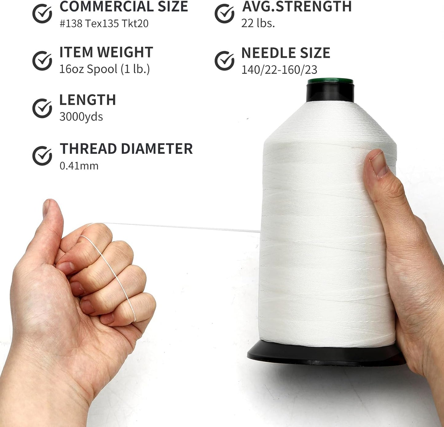 Extra Strong Bonded Nylon Thread #138 Tex135 – 16 OZ, 3000yds, Versatile Stitching Solution for Leather, Upholstery, Canvas Repair and More (White)