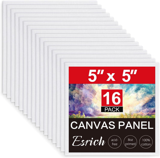 ESRICH Canvas Boards for Painting, 16 Pack Canvases 5x5 100% Cotton Small Paint Canvas Primed Acid Free Mini Blank Canvas Panels for Oil, Watercolor, Acrylic, Gouache & Tempera