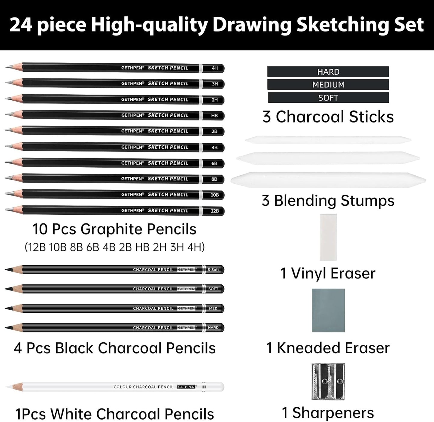 Drawing Sketching Pencil Set, 24 Piece Pro Artist Sketch Kit - Graphite Pencils (12B-4H),Charcoal Pencils for Drawing,Black and White Charcoal Pencils,Charcoal Sticks,Stumps,Eraser,Sharpeners
