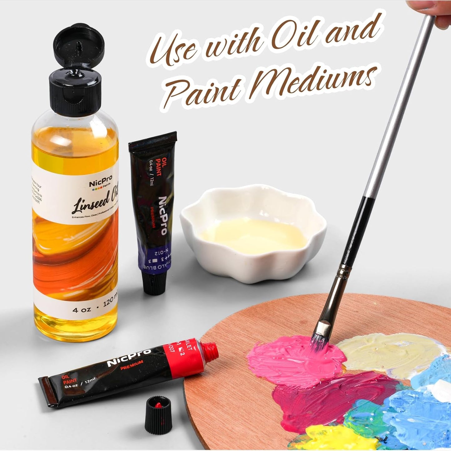 Nicpro Linseed Oil for Painting, 4oz Refined Linseed Oil Medium for Thinning Oils, Artists, Painting Thinner, Professionals to Enhance Flow, Translucency & Gloss