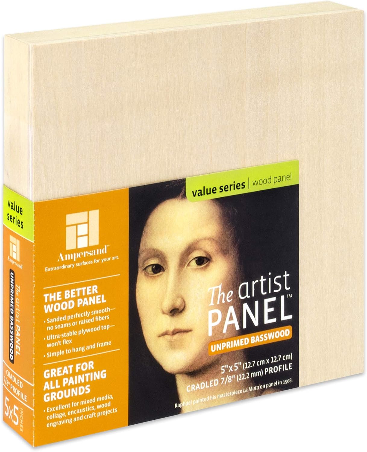 Ampersand Art Supply Unprimed Basswood Artist Panel, 7/8" Cradled Profile, 5"x5"