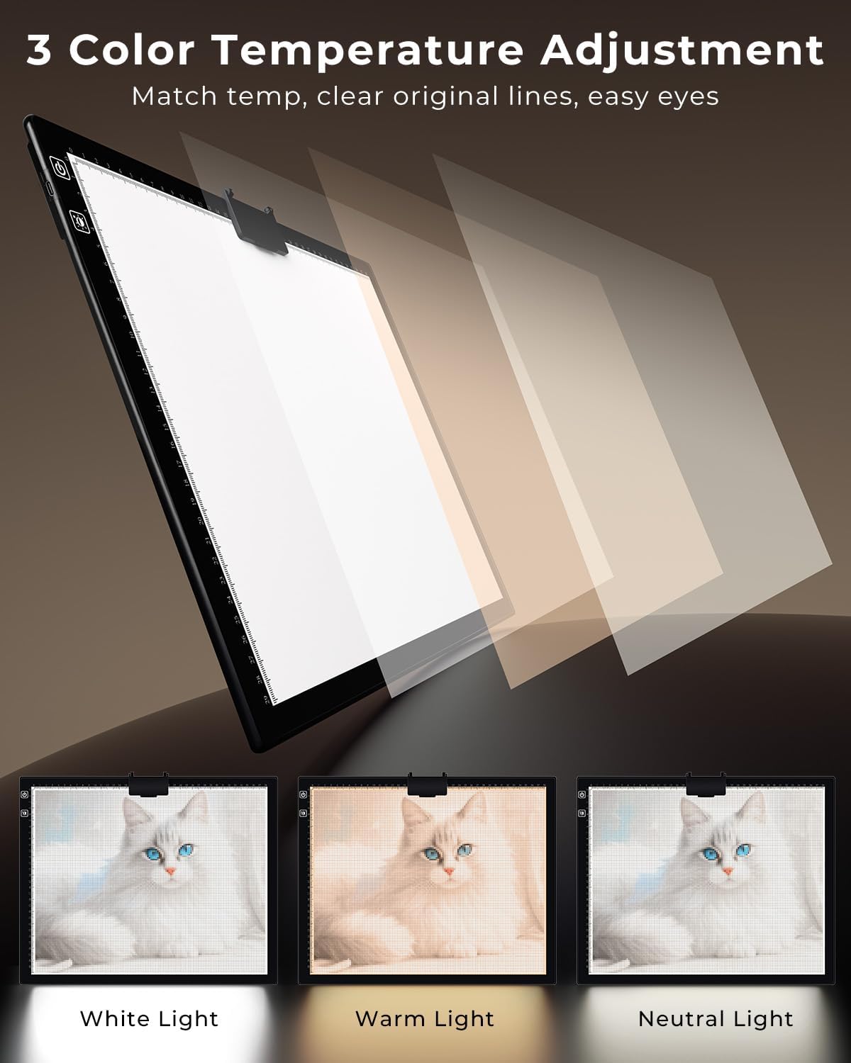 Bylitodt Rechargeable A3 Light Pad, Diamond Art Light Board, Lightbox for Tracing and Drawing with 3 Colors & 6 Brightness, Tracing Pad for Weeding Vinyl, Sketching, Diamond Painting Accessories