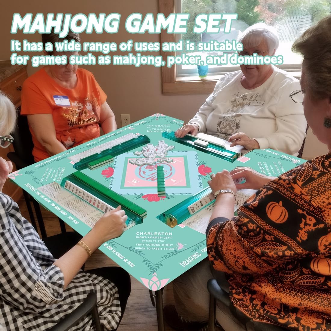 Mahjong Table Mat: 32.4 * 32.4 Inches Non-Slip and Noise-Reducing Mahjong Mat, Suitable for Mahjong, Poker, and Board Games. It Comes with 4 Mahjong Rule Cards, 2 Dice, and 1 Storage Bag.