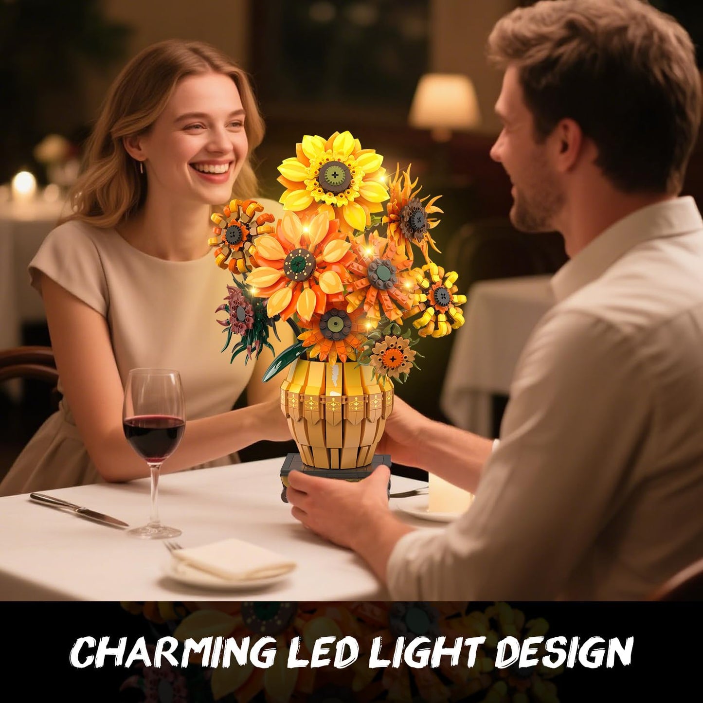 Sunflower Building Set with Lights Vase Base, Flowers Botanical Collection Building Block Home Decor, 1180PCS Art Flower Bouquet Bonsai Plant Building Kit Gift for Adults Teens Girls Boys 12+