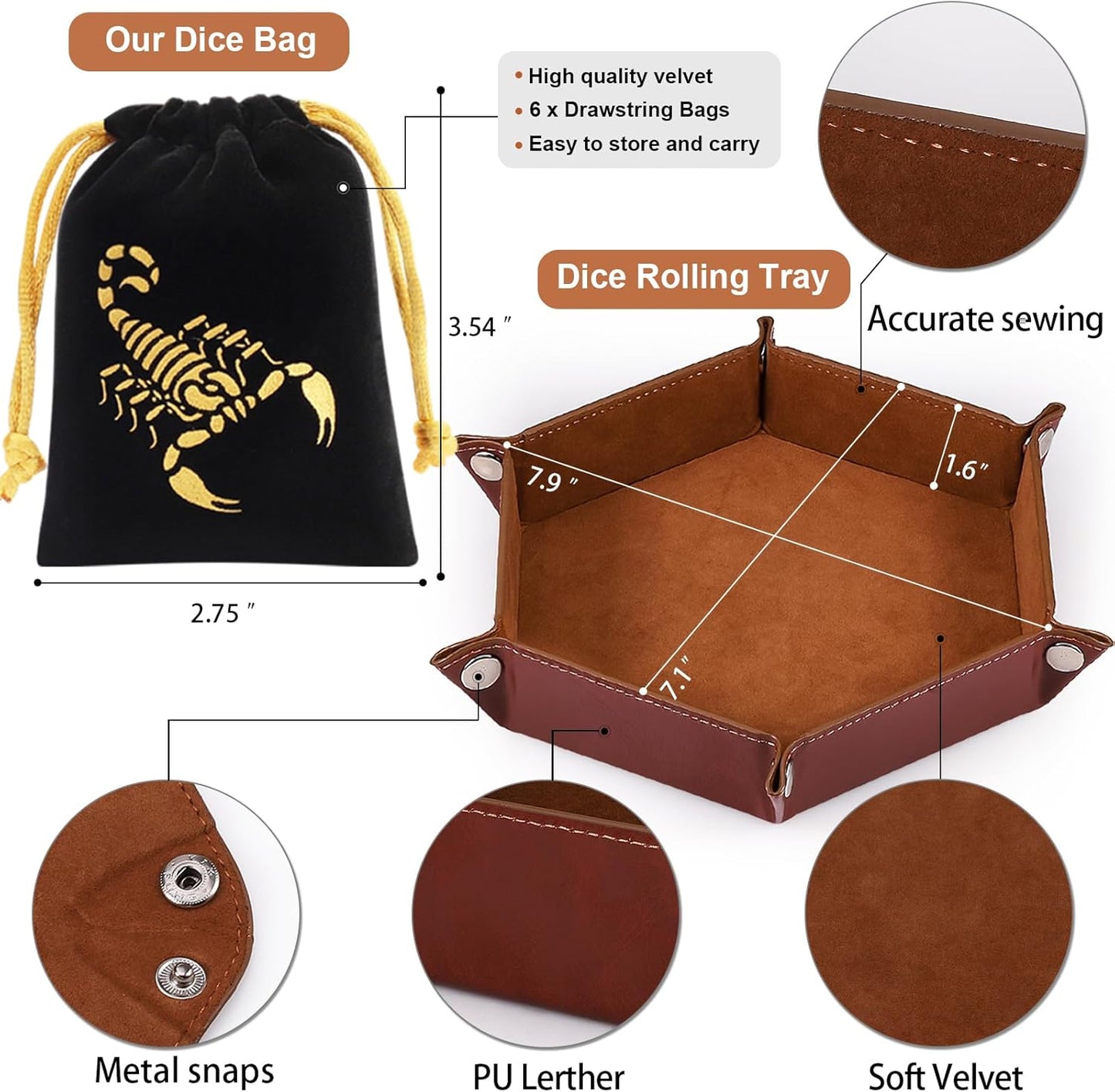 CiaraQ DND Dice Set, Double-Colors Polyhedral Dice (42 Pieces) with 6 Pattern Bags and PU Leather Tray for Dungeons Dragons D&D RPG MTG Table Games