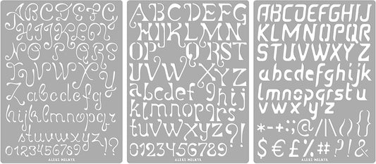 Aleks Melnyk No.44 Pyrography Stencils, Wood Burning 3 PCS Templates, Metal Letters Stencil for Engraving Wood and Patterns, Alphabet and Number, Lettering, Letting, Stainless Steel