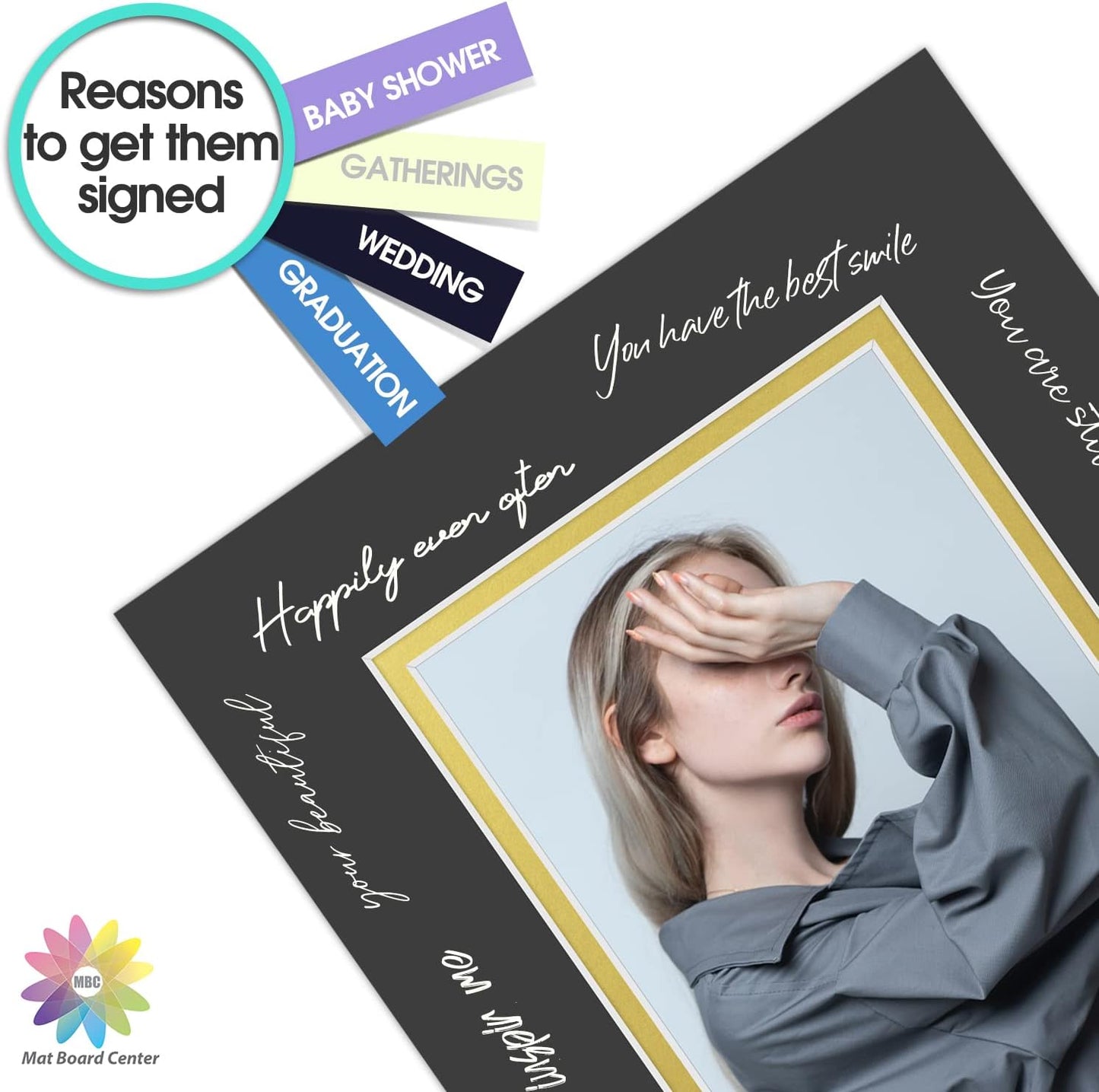 Mat Board Center, Double Mat - Acid Free, 8-ply Thickness, White Core - for Pictures, Photos, Framing (Black Over Gold, 8x10 for 5x7, Pack of 5)