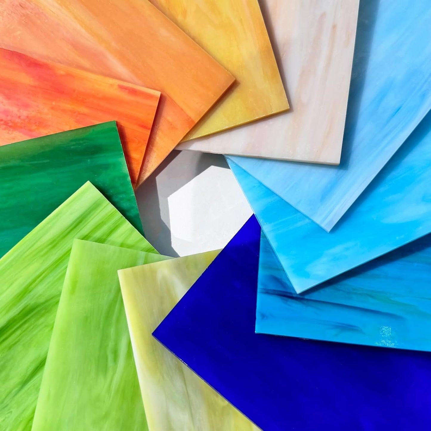 ILLUCKAI 12 Sheets Stained Glass Sheets Orange Green Blue Colors, 4 x 6 inch Cathedral Art Glass for Crafts, Stained Glass Supplies Mosaic Tiles for Projects