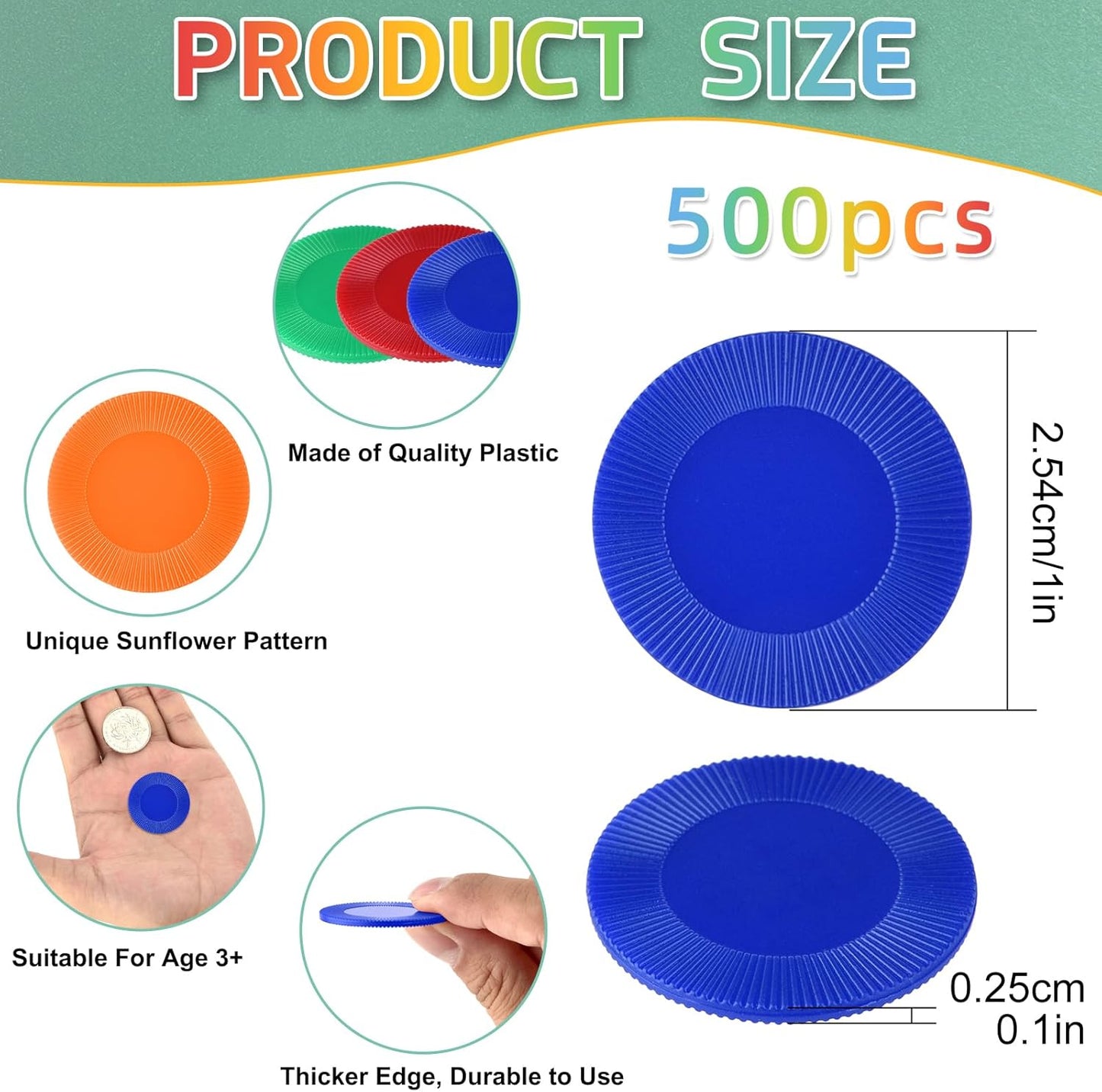 Coopay 500 Pieces 10 Colors Plastic Poker Chips, 1 Inch Bingo Chips Bulk Learning Counters Disks Poker Card Game, Counting Markers for Math Practice, Game Tokens and Teaching Rewards, 25 mm