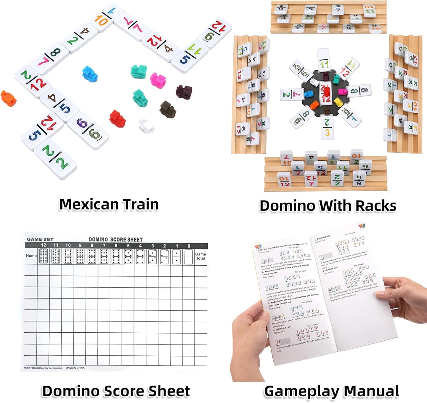 Mexican Train Dominoes Set Numbers and 8 Wooden Holders, Double 12 Travel Domino Train Game with 91 Colored Tiles and Protable Case, Number Domino Set for Kids, Adults Family Board Team Games