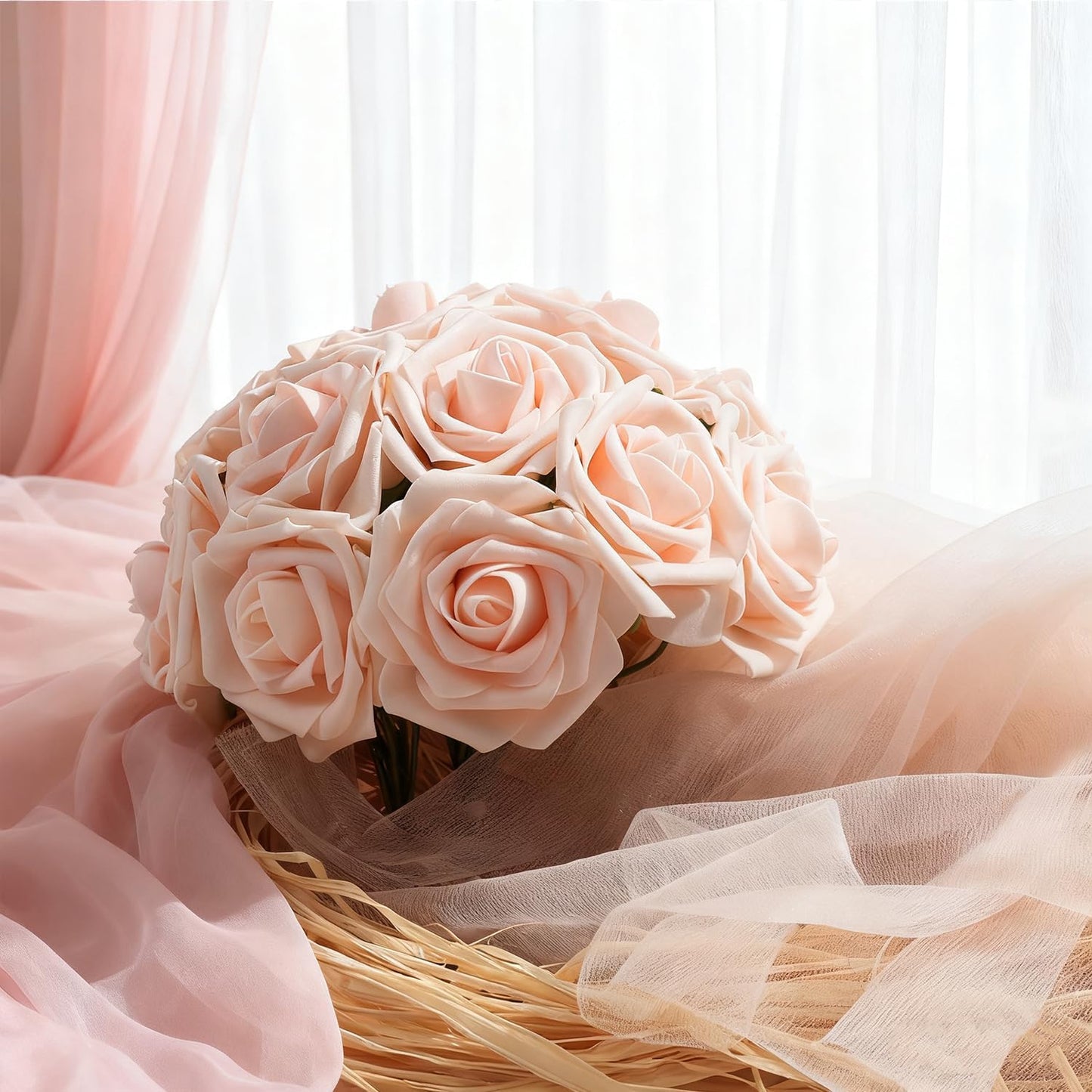 Artificial Flowers Foam Fake Roses 25pcs Champagne Roses with Stems for Home Decor DIY Wedding Bouquets Party Bridal Shower Centerpieces Faux Flower Arrangements Tables Decorations