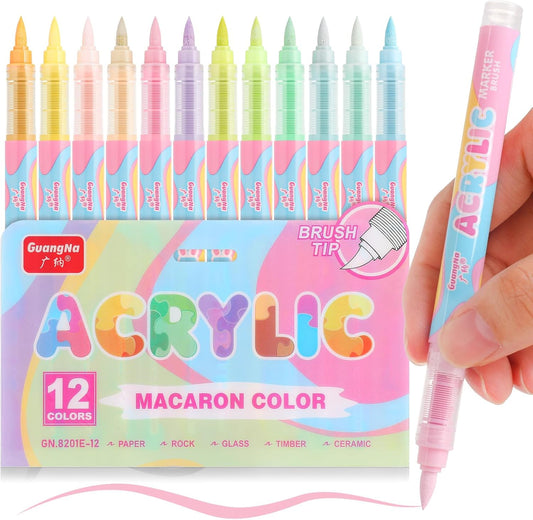 Guangna Acrylic Paint Markers 12 Colors, Skin Tone Series Set with Soft Brush Tip Water Based, Fine Tip Markers for Wood, Canvas, Rock Painting, Glass, Diy Crafts, Fabric Paint