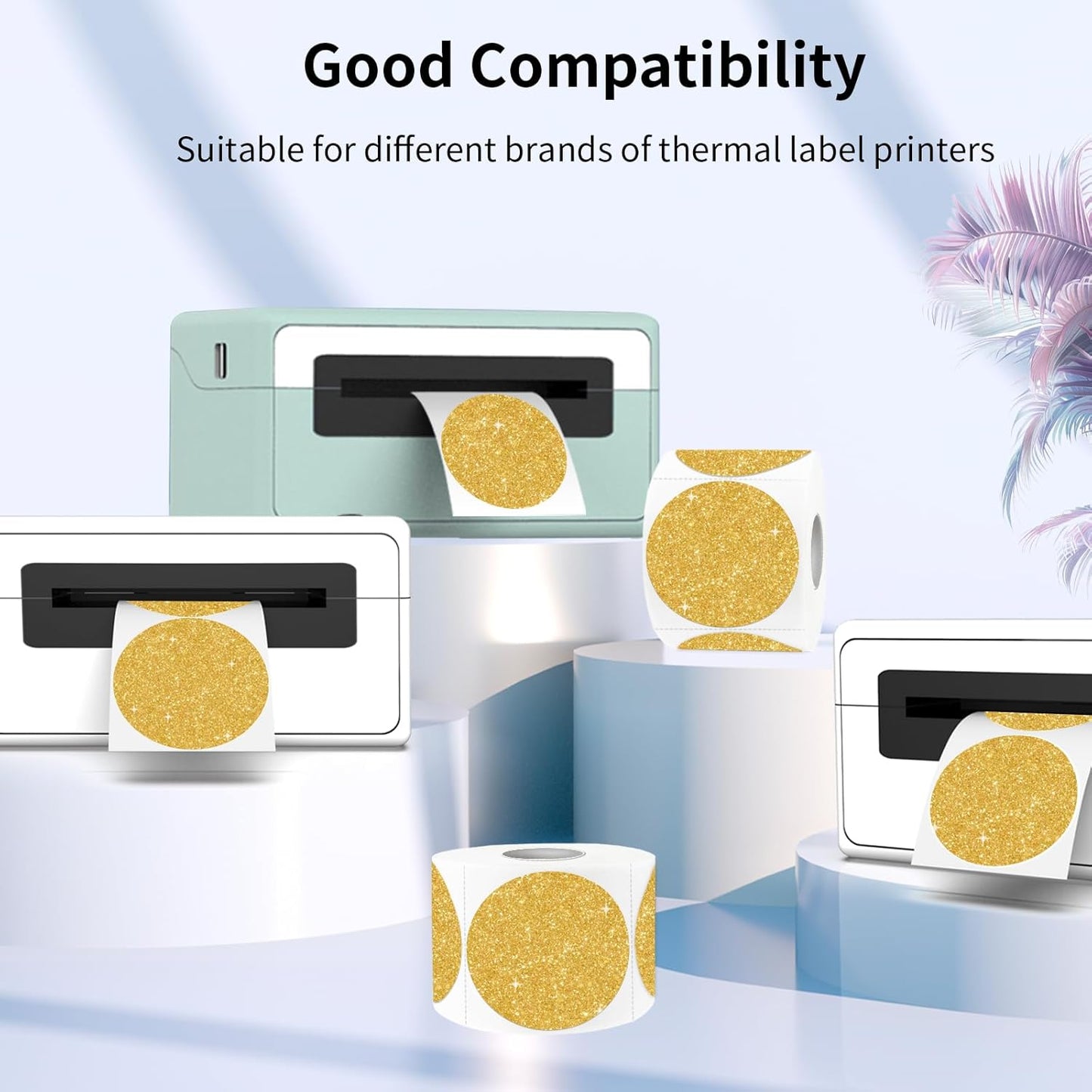 2" Circle Holographic Thermal Label Stickers, Round Printable Rainbow Glitter Thermal Printer Sticker Labels for Gift Wrapping, Self-Adhesive Name Price Tag DIY Custom Logo Design-Shiny Gold