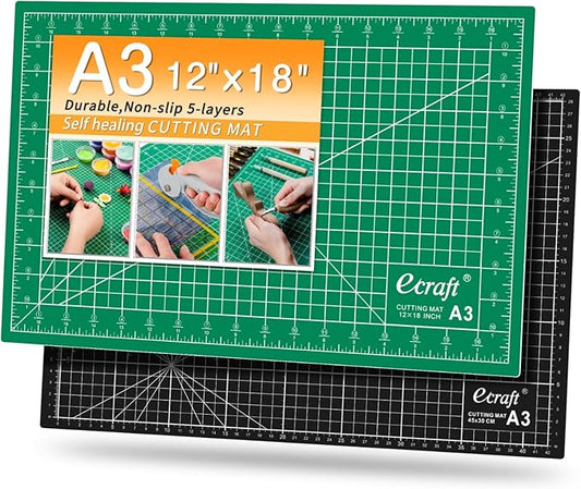 Ecraft Self Healing Cutting Mat: 12inch x 18inch Double Sided 5-Ply Fabric Cutting Mat for Sewing, Quilting & Arts & Crafts - Gridded Rotary Cutting Board Mat in Green/Black.