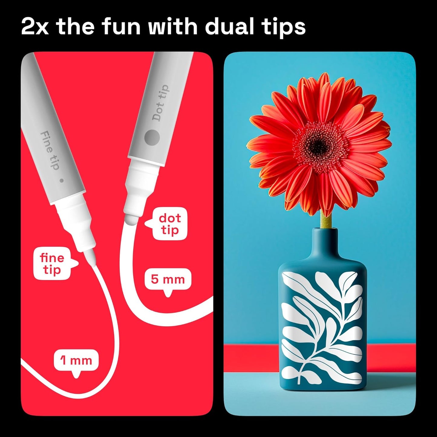 ARTISTRO 2 White Dual-Tip Acrylic Paint Pens - Multisurface Markers for Glass, Rock, Fabric, Wood, Plastic & More - 5mm Dot + 1mm Fine Tips