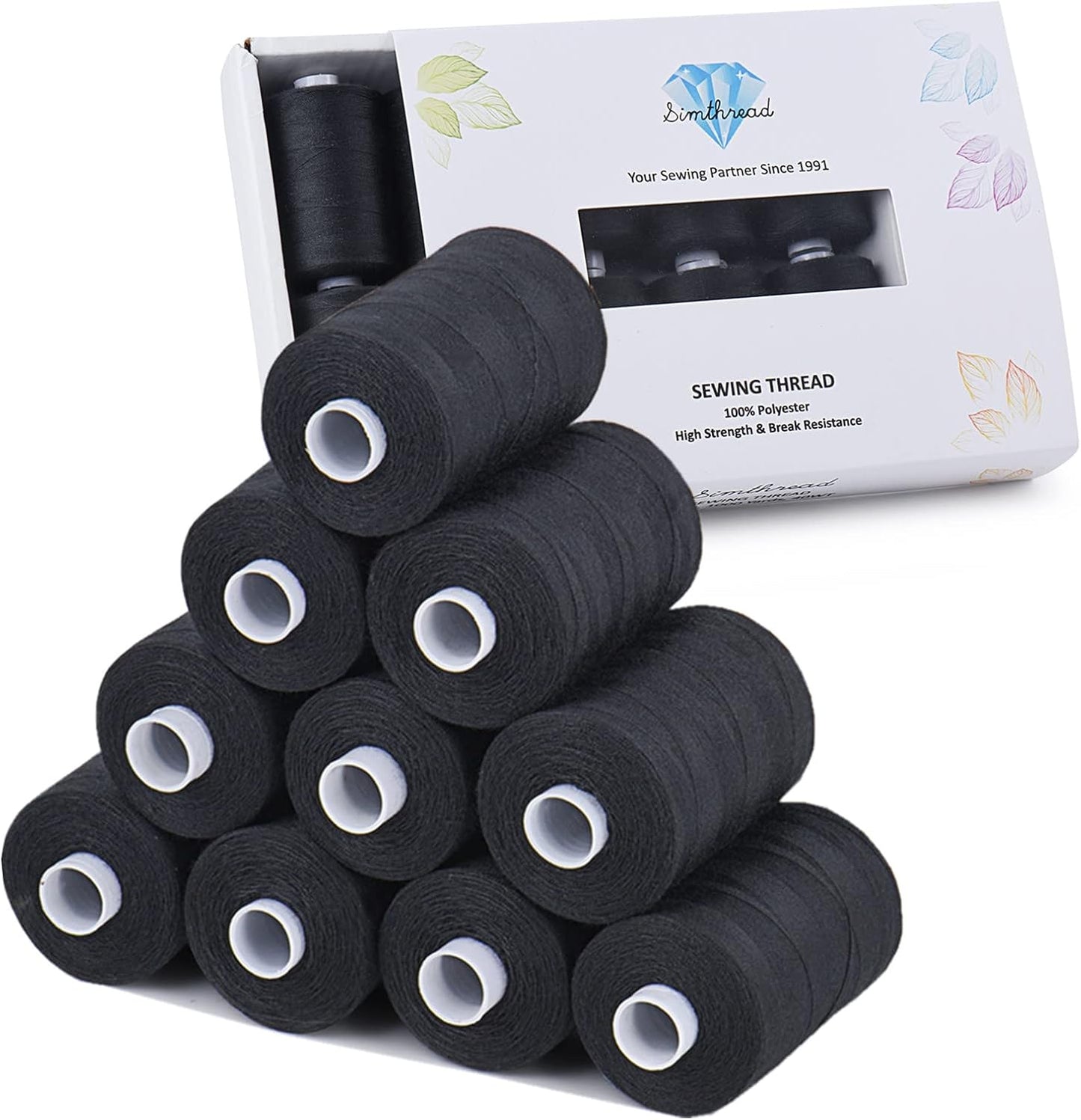 Simthread All Purpose Sewing Thread, 10 Spool 1000 Yards Each Bobbin Polyester Thread for Sewing, Handy Polyester Sewing Threads for Sewing Machine - (Black Series)