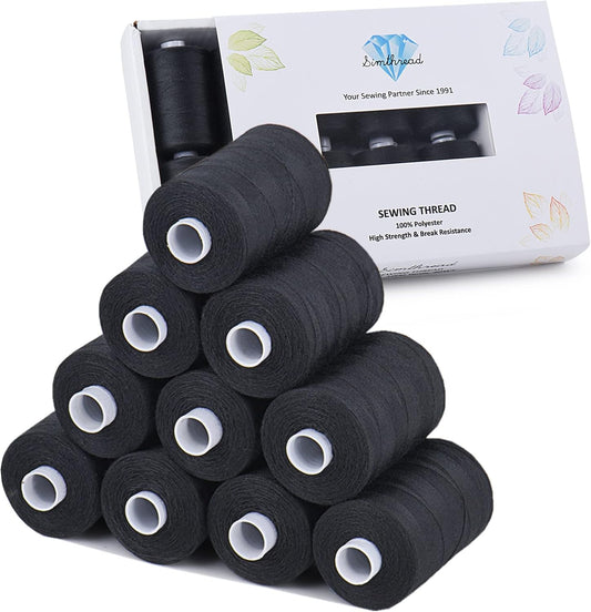 Simthread All Purpose Sewing Thread, 10 Spool 1000 Yards Each Bobbin Polyester Thread for Sewing, Handy Polyester Sewing Threads for Sewing Machine - (Black Series)