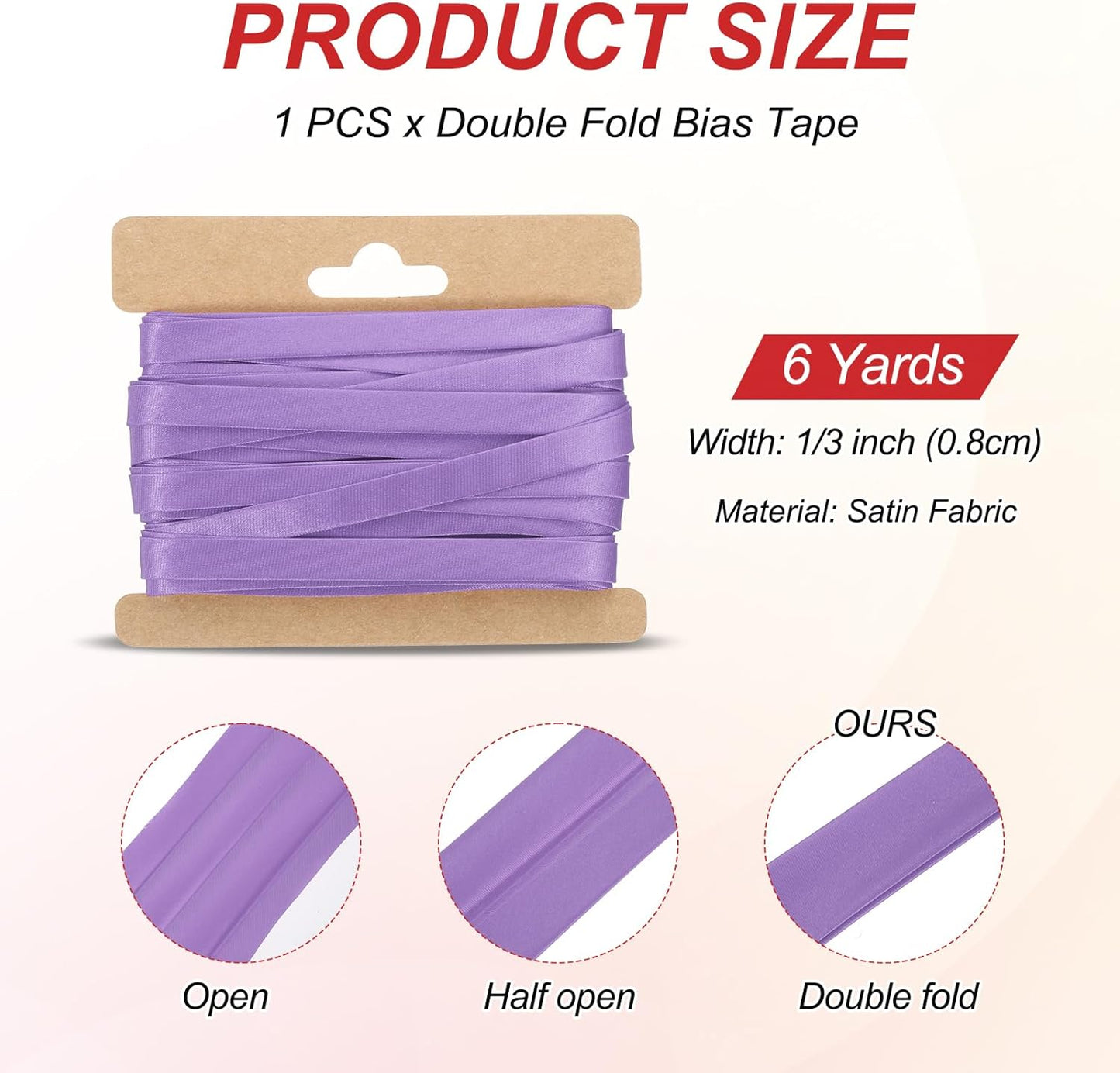 MECCANIXITY Double Fold Bias Tape for Sewing 1/3 Inch x 6 Yards Satin Pre-fold Continuous Binding Tape for Seaming Quilting Hemming Binding DIY Crafts, Light Purple