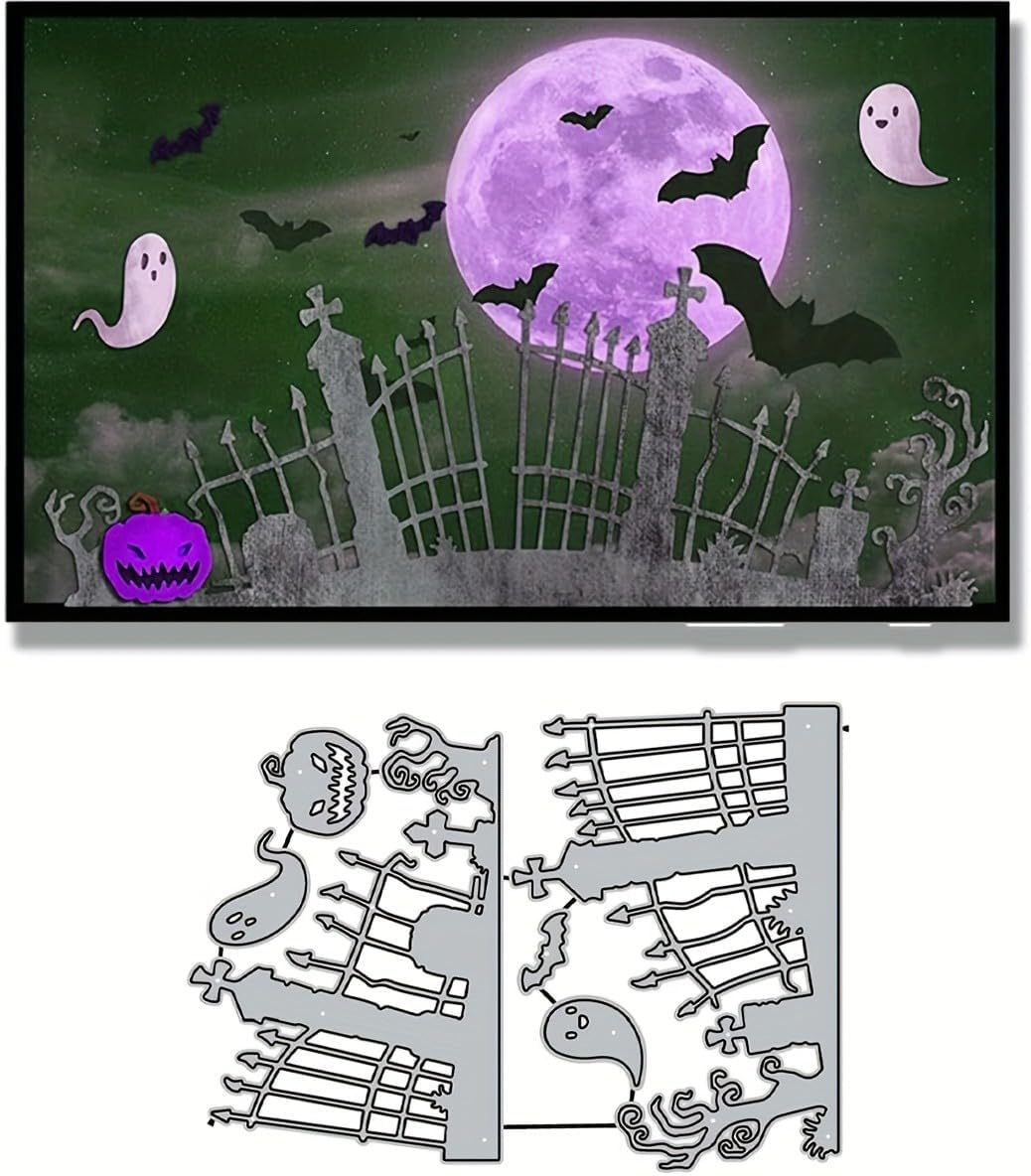 Lapoo Halloween Metal Cutting Die for Scrapbooking, 3D Backgrounds Frame New Cutting Dies DIY Album Card Making Decor Paper Metal Die Cuts Party Wedding Decorations (Cemetery Fence 6 x 4.3 in)
