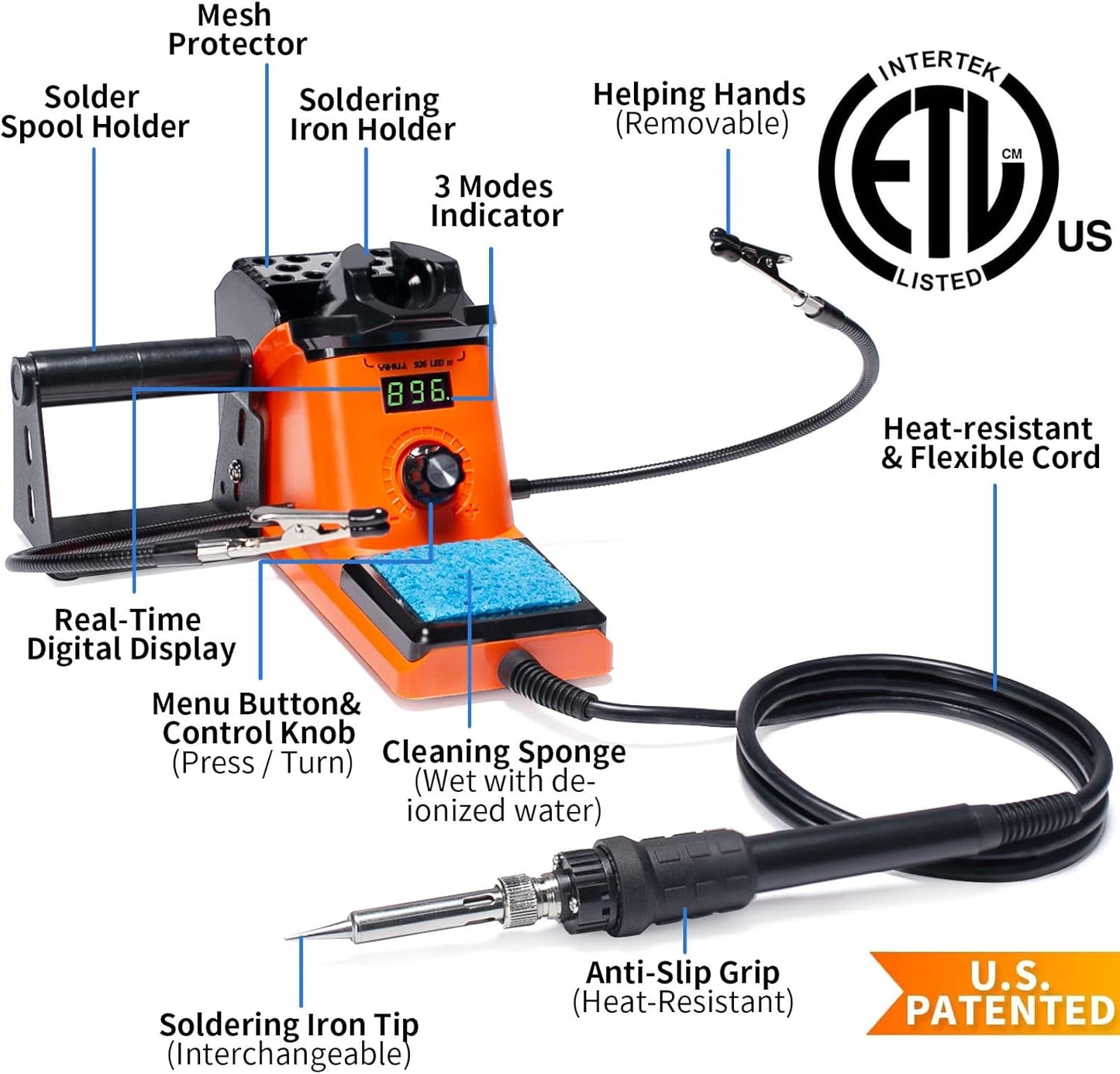 YIHUA 926 III 60W LED Display Soldering Iron Station Kit w 2 Helping Hands, 6 Extra Iron Tips, Roll of Lead-Free Solder, Solder Sucker, S/S Tweezers, °C/ºF Conversion, Auto Sleep & Calibration Support