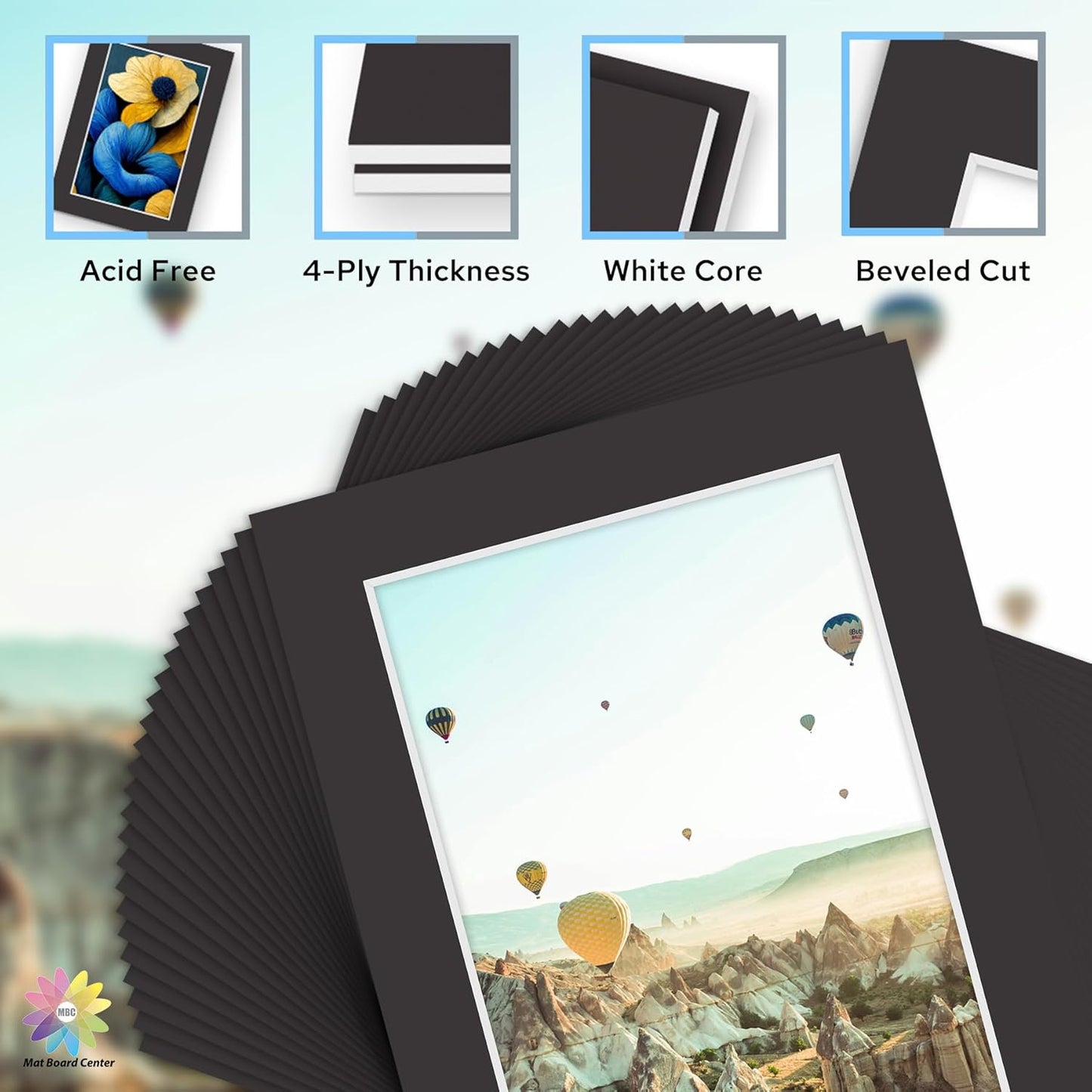 Mat Board Center, Pack of 25, 5x7 for 4x6 Black Mat Kit - Acid Free, 4-ply Thickness, White Core - Includes Backing Boards and Clear Bags - for Pictures, Photos, Framing