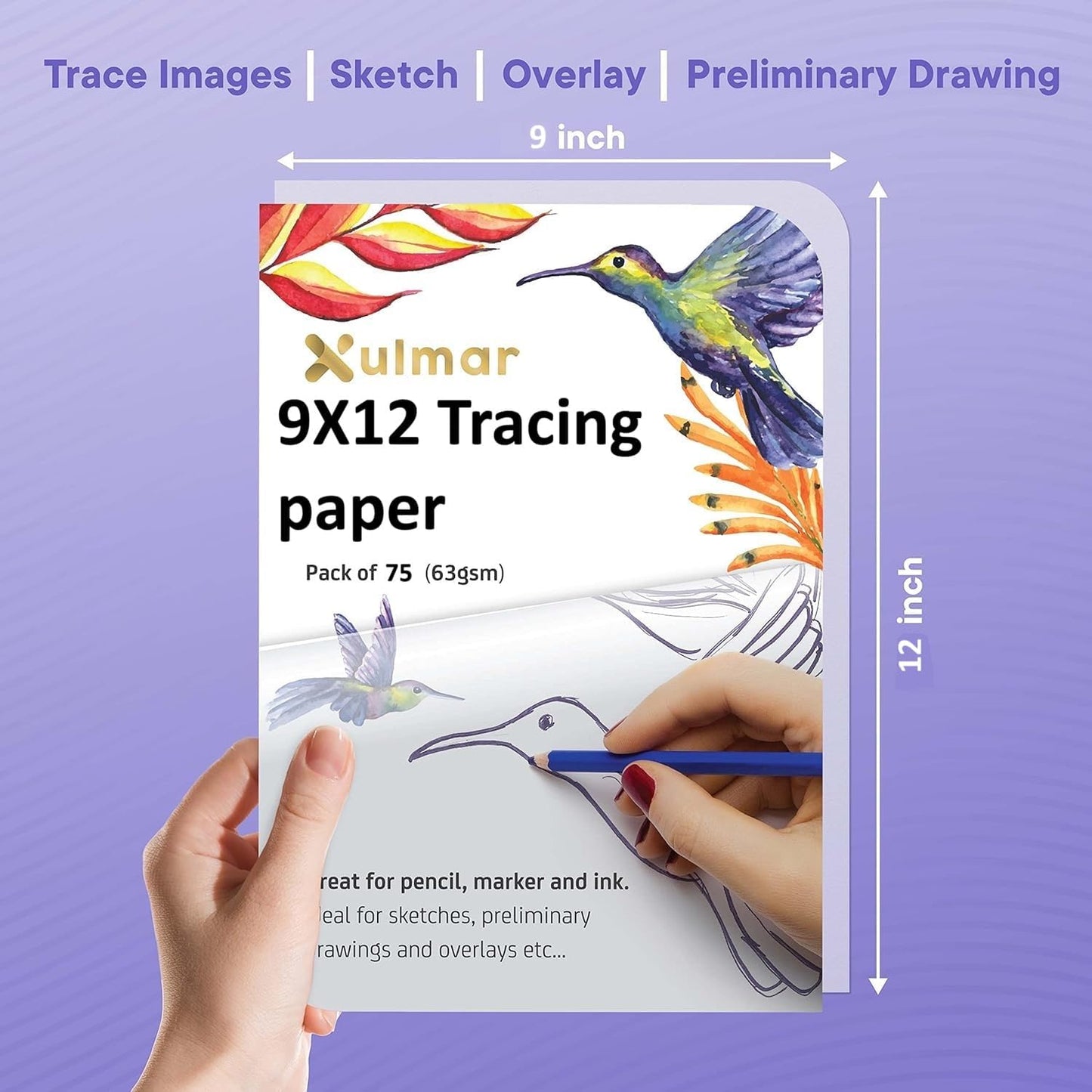 Xulmar 9x12 Tracing Paper 63 GSM - Pack of 75 Sheets Tracing Paper for Sewing Patterns, Drawing Overlays & Sketching on Art Paper & Sketch Book
