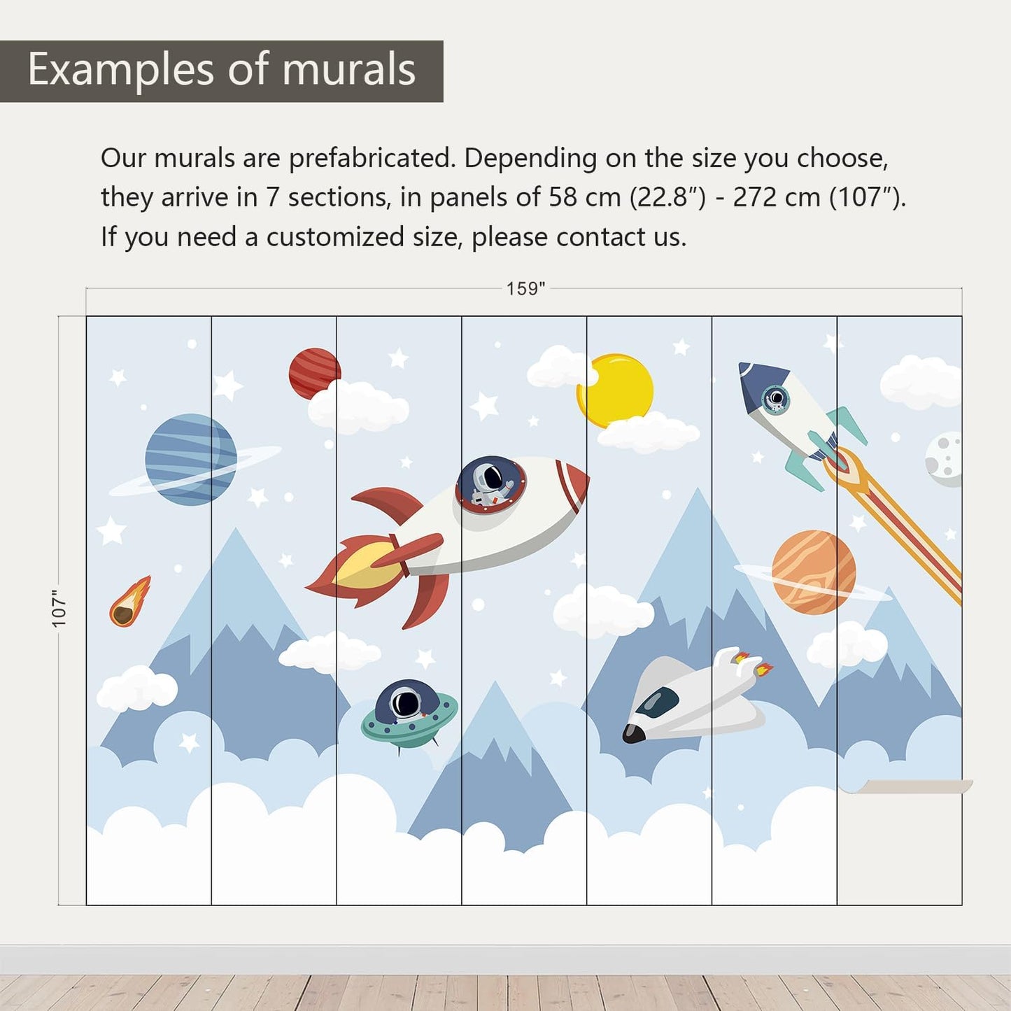 AFZEVEB-Space Mural Hand-Painted Cartoon Wallpaper for Kids Room 159"x107"(Not Peel and Stick)