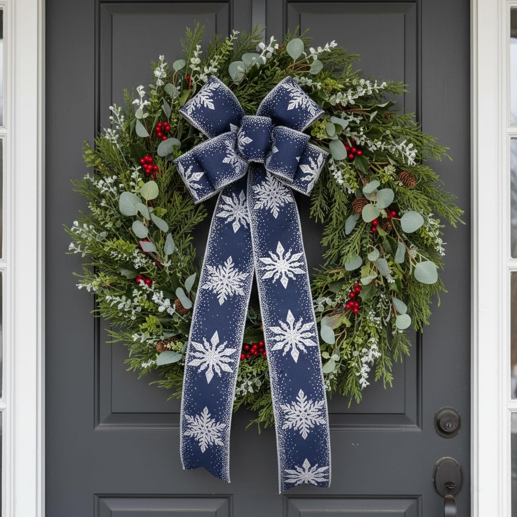 CT CRAFT LLC Navy Satin with Silver Snowflake Wired Ribbon 2.5 Inch x 10 Yards for Christmas Home Decor Tree Topper Bow Gift Wrapping DIY Crafts Wreath Garland