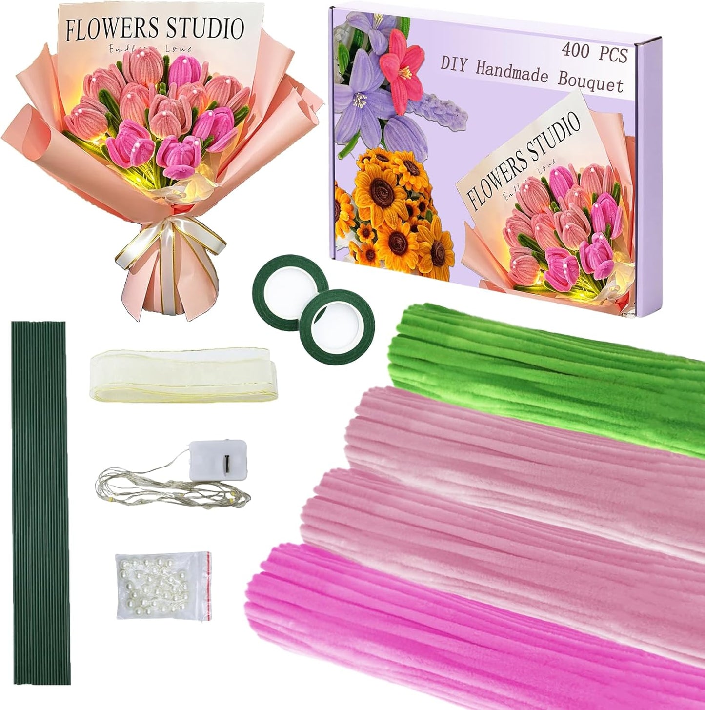 LOLEDE 400Pcs Pipe Cleaners Craft Kit, 3 Colors Chenille Stems for DIY Artificial Flower Making with Floral Wires, Gardening Tape, LED String Lights, Pearl Beads & Ribbon (Pink)
