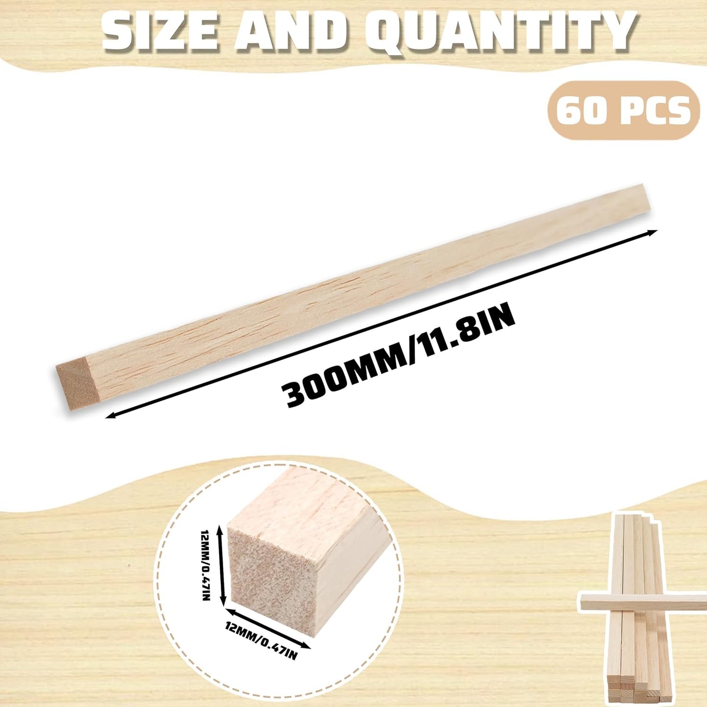 60Pcs Wood Square Dowel Rods 1/2 x 1/2 x 12 inch,Wood Squares for Crafts,Model Making Balsa Wood (1/2""x12""-60pcs)
