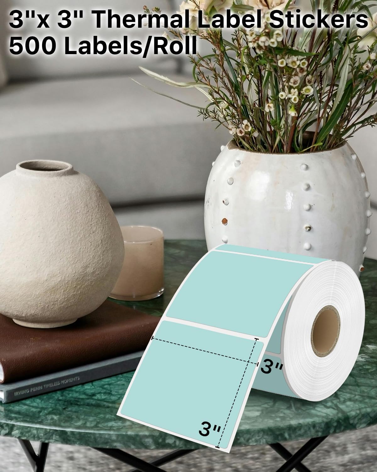 iEager Green Square Thermal Label Stickers, 3" x 3" Self-Adhesive Square Direct Thermal Labels with Perforation Line, 500 Sheets/Roll