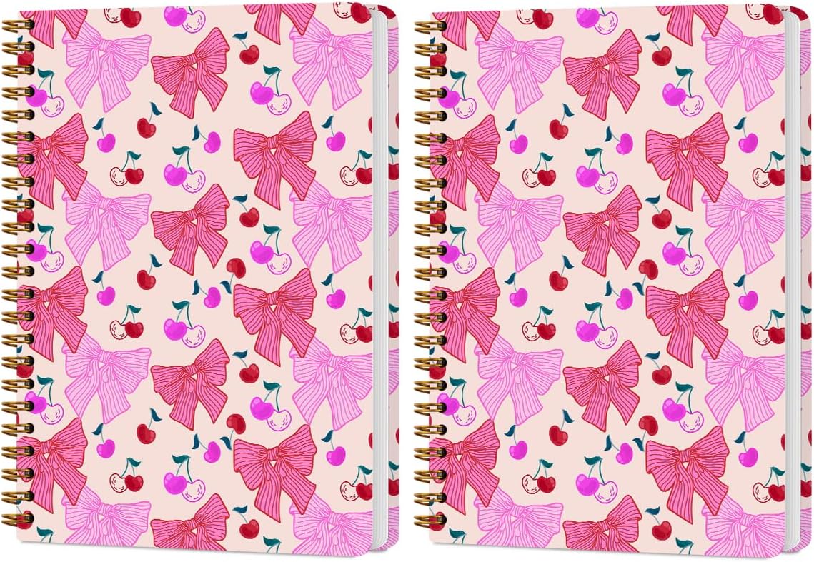 2 PCs Coquette Pink Bows Cherry Journaling Notebooks Trendy Preppy Spiral Notebook Aesthetic Design Gifts for Women Girls Note Books Journals for Writing Hardcover Notebook Office Classroom Supplies