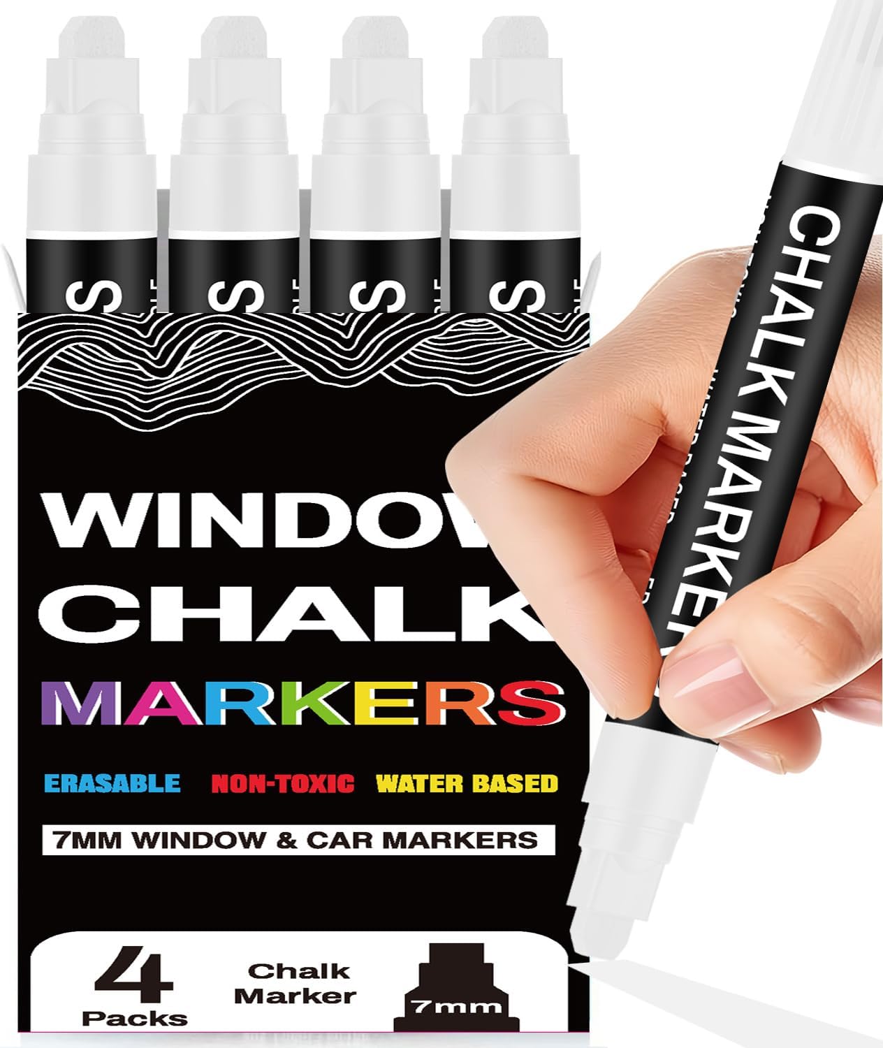 White Chalk Markers for Blackboard, Window Markers Thick, Liquid Chalk Pen with 7mm Wide Thick Tip & Erasable Paint, Jumbo Marker for Chalkboard Blackboard Sign Glass Menu Board Mirror Poster - 4 Pack