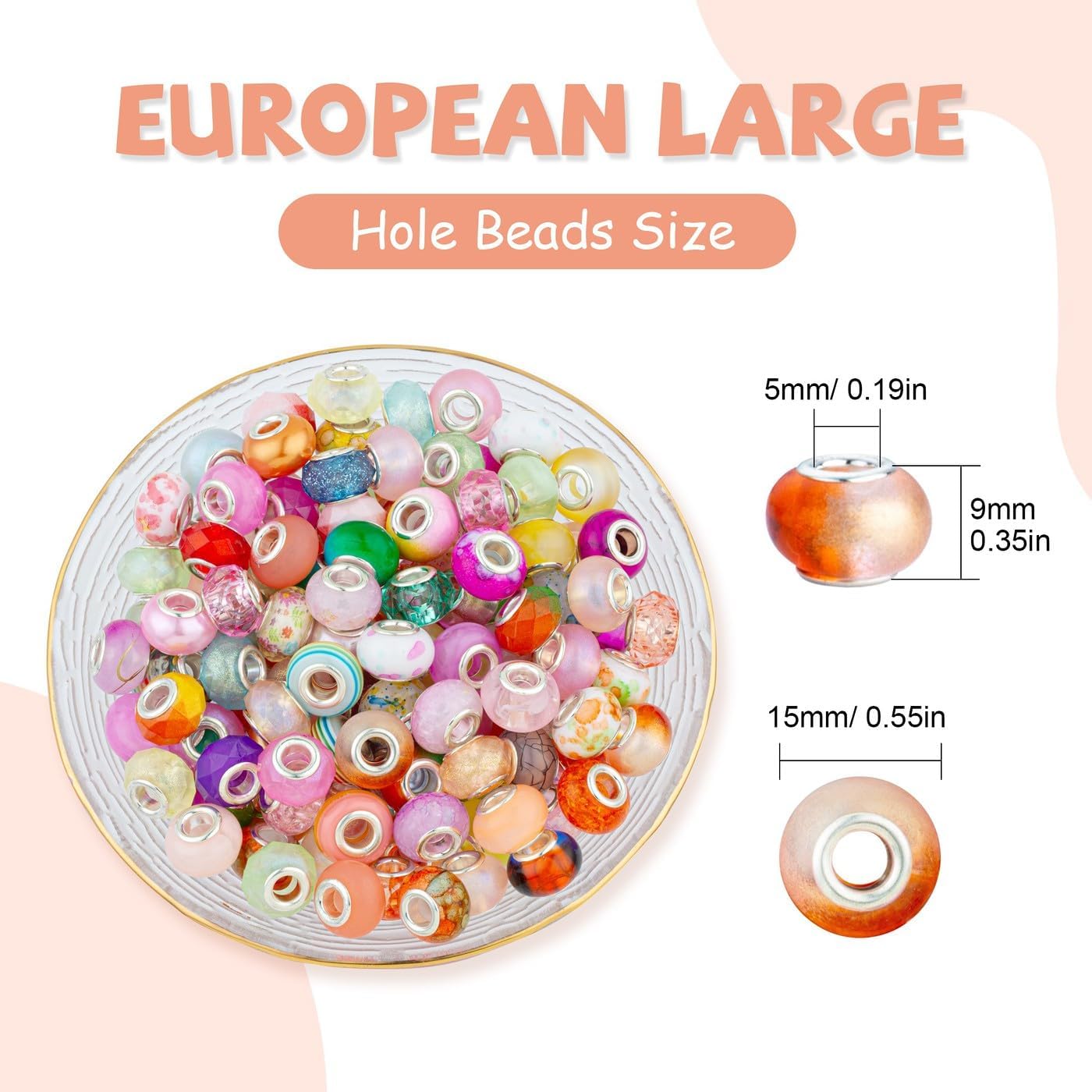 LAIDANLA Multicolor Large Hole Beads, 100pcs, 14mm, Resin, Plastic, Acrylic, Round, Loose Beads for Jewelry Making, Crafts, Decoration