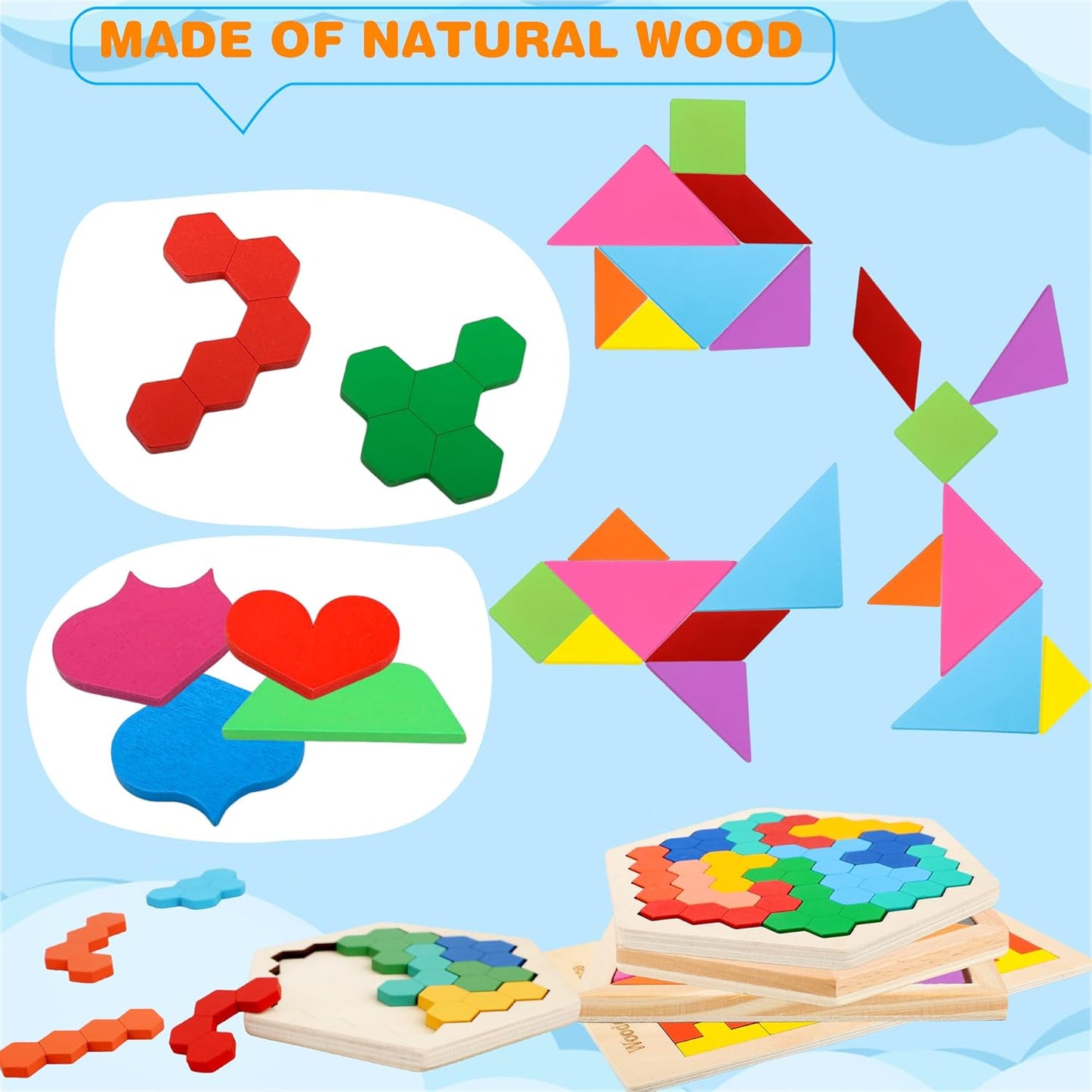 7 Pack Wooden Tangrams Puzzle Set Wooden Hexagon Puzzles Wood Russian Blocks Geometric Block Brain Teaser for Kids Adults 3D Logic Intelligence IQ Game Gift