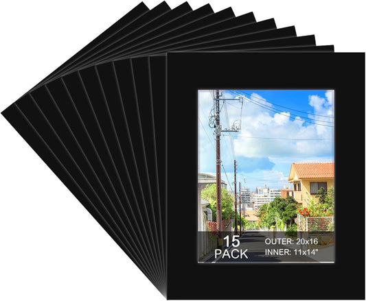 15 Pack 20x16 Black Picture Mats, Frame Mattes for 11x14 Pictures Display Photo Frame Mat Core Bevel Cut Mat Board Show Kit for Photos, Prints, Artworks