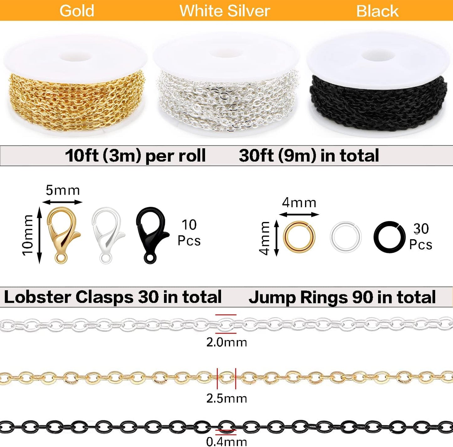 Jishi 30ft Jewelry Making Chains Bulk 2mm Necklace Chains for Jewelry Making Supplies, DIY Craft Earring Bracelet Making Findings, 3-Colors Gold Silver Black Plated Metal Rolo Cable Link Chain Rolls