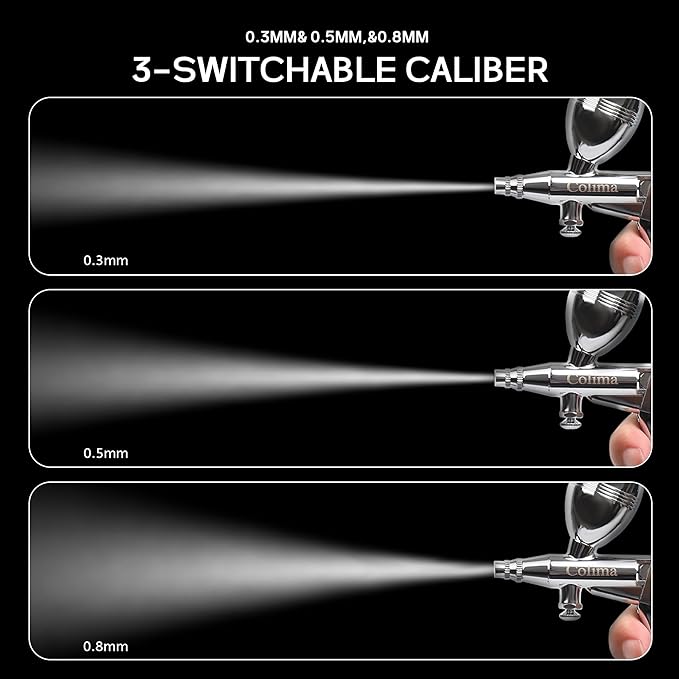 Colima Professional Dual-Action Trigger Airbrush Kit with 3 Nozzle Sizes (0.3mm/0.5mm/0.8mm) & 5 Paint Cups (2cc-40cc) Perfect for Tattoo, Makeup, Nail Art, Model Painting, Cake Decorating & Hobby Art