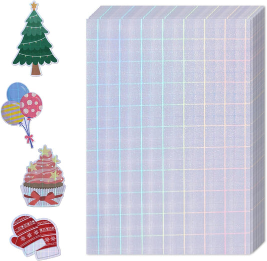 36 Sheets Holographic Sticker Paper,Holographic Laminate Sheets,A4 Size Clear Vinyl Sticker Sheets Self-Adhesive Rainbow Overlay Sheets,11.7 x 8.3 Inches（Grid）