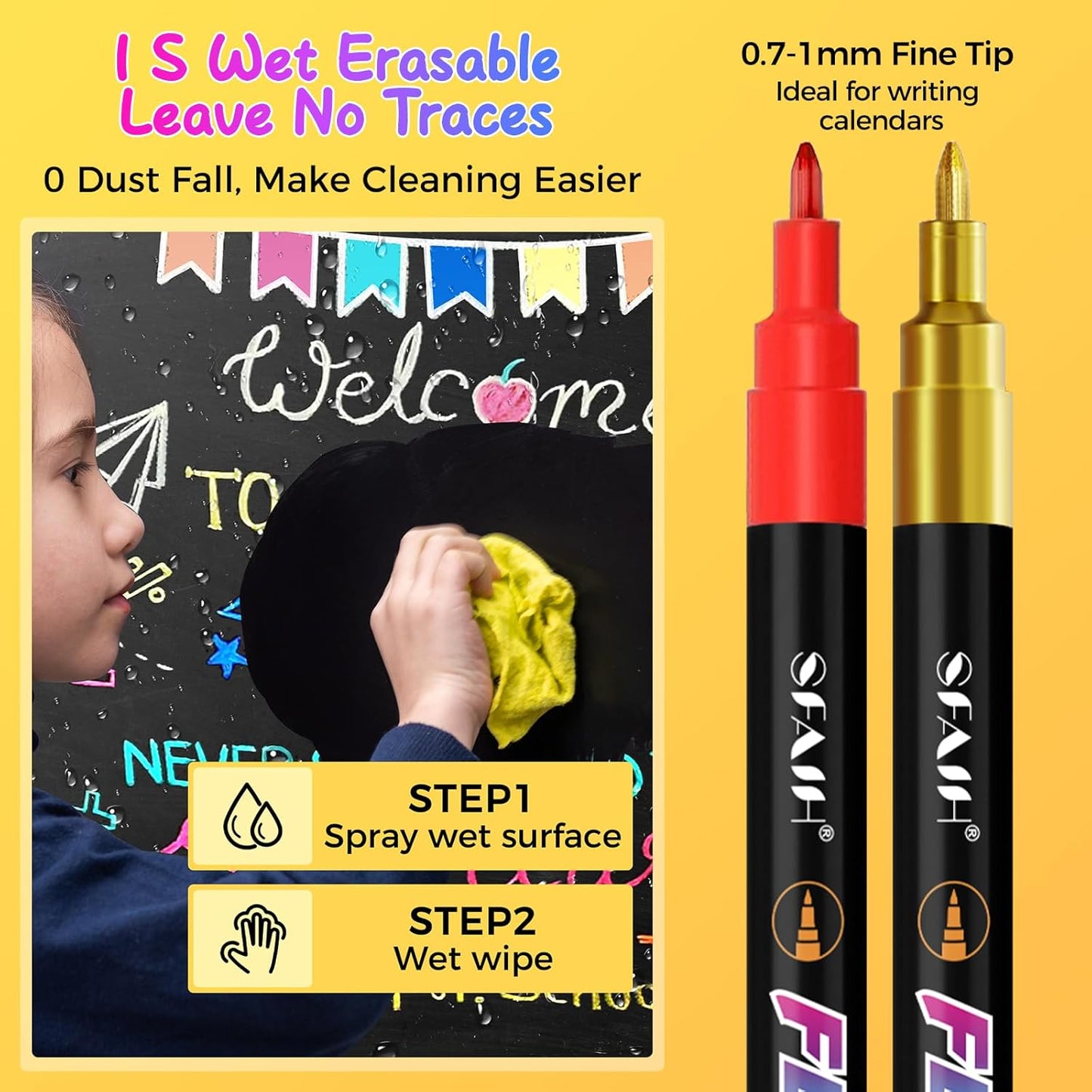 SFAIH Fine Tip Liquid Chalk Markers for Bhalkboard [1-Second Wet Wipe], 0.7-1mm 30 Colors [Neon+Pastel+Metallic], Chalk Pens for Chalkboard, Calendar, Windows, Glass, Includes Highlighter Color Marker