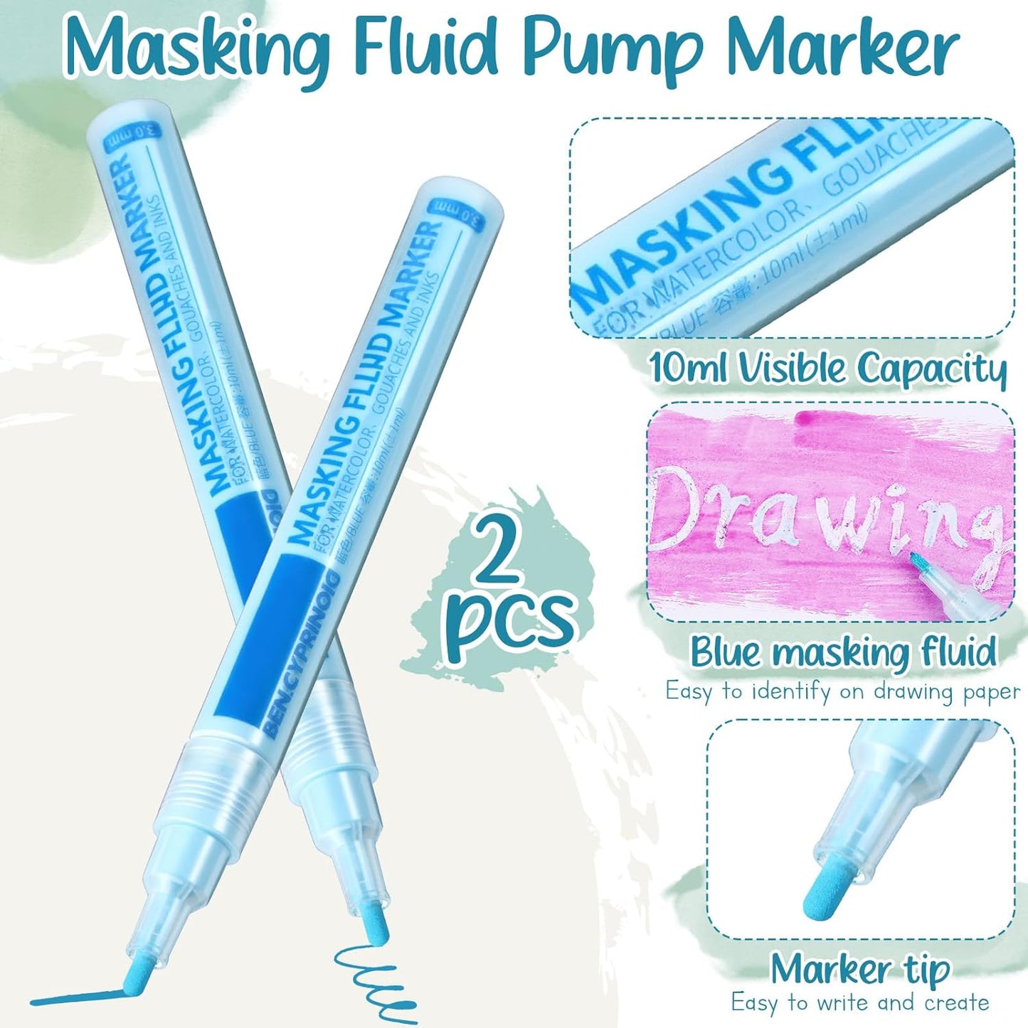 2 Pcs Masking Fluid Pen for Watercolor Painting, Capacity with Applicator Tip, Masking Fluid Marker for Various Art Projects Watercolor Ink(Blue,3mm)