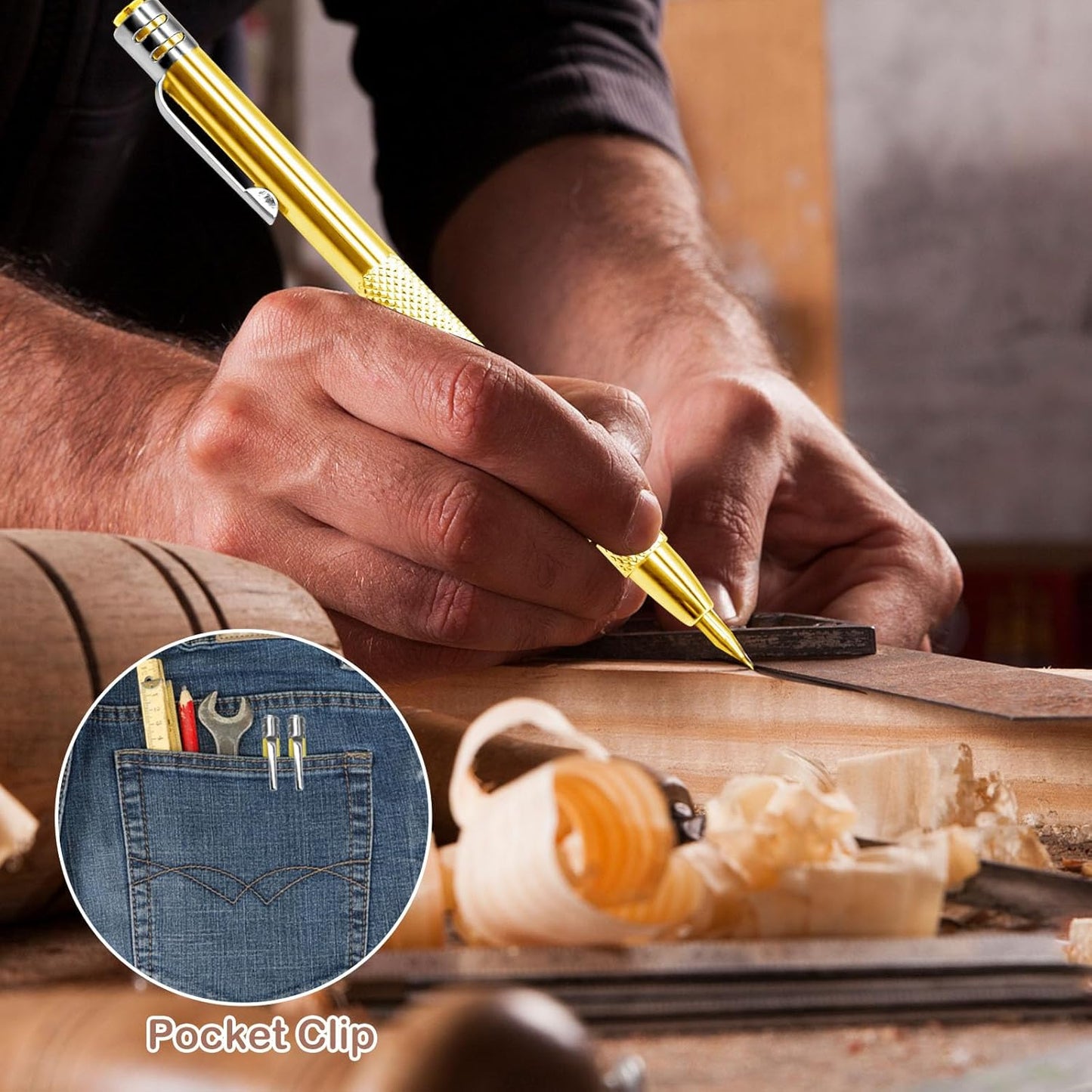 2 Pcs Tungsten Carbide Tip Scriber With 12 Replacement Marking Tip, Aluminium Magnet Carbide Scribe Tool etching Scribe Pen With Clip, Metal Engraving Pen for Glass / Ceramics / Hardened Steel(Gold)