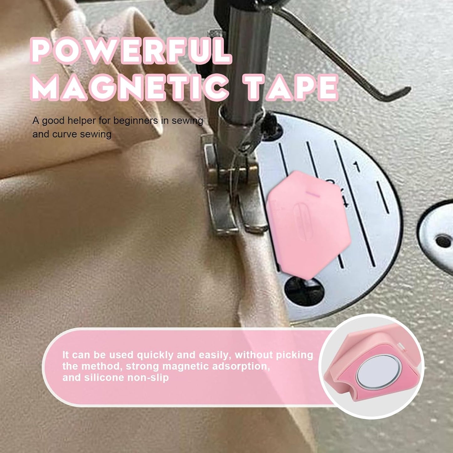 Pcmursal 4 Pieces Magnetic Seam Guide for Sewing Machine, Upgraded Multi-Purpose Tool Polygonal Magnetic Seam Guide with Scale, Sewing Supplies and Accessories (Pink)