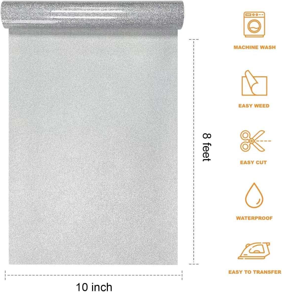 Silver Glitter HTV Heat Transfer Vinyl Rolls- 10" x 8ft. Glitter HTV Silver for Shirts. Iron on Vinyl and Heat Transfer Vinyl for All Cutters Machines. Easy to Cut & Weed Heat Vinyl Designs