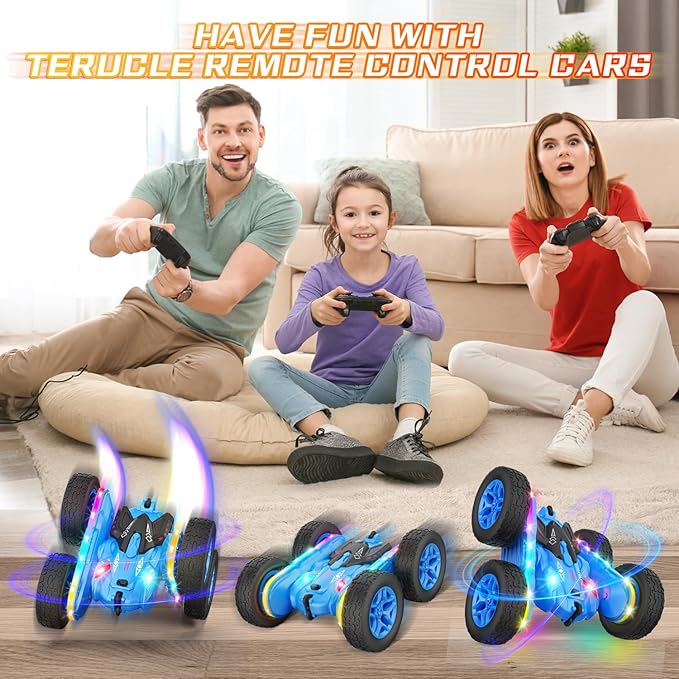 Remote Control Car, Rc Cars Stunt Toys New Upgraded Strip Lights and Headlights Toys Double-Sided 360° Rotating 4WD Drift Truck for Boys Girls Birthday Gift (Blue)