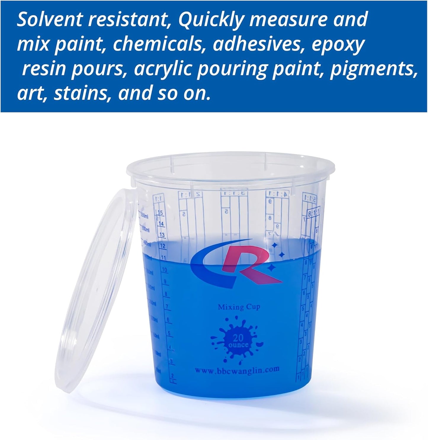 Paint Mixing Cup 20 Ounce, Accurate Measurements in Ratios and OZ. and ML, 36PCS Plastic Graduated Measuring Cups with 12PCS Lids for Paint, Resin, Epoxy, Acrylic, Pigments, Art