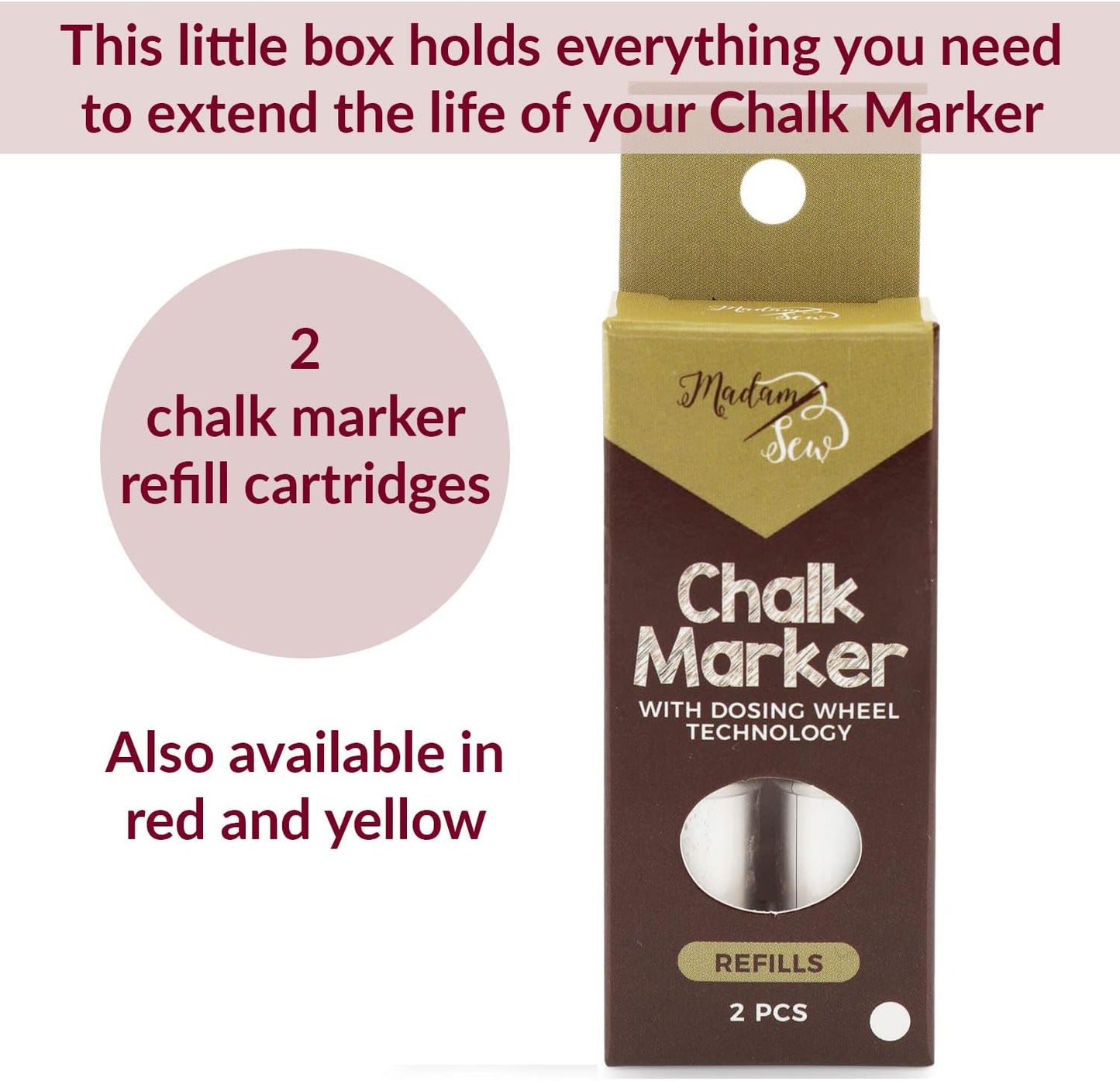 Madam Sew Fabric Chalk Markers for Sewing & Quilting | Refillable Tailors Chalk for Fabric Marking with Dosing Wheel | Ideal for Marking on Cotton, Knit, Suede (White)